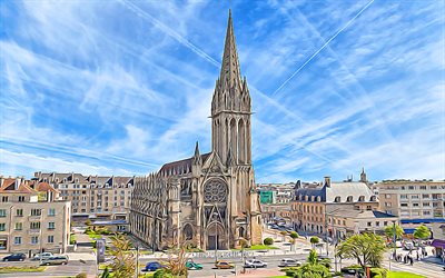 Caen, 4k, vector art, skyline cityscapes, french cities, abstract cityscapes, France, Church of Saint-Pierre, Europe, creative, Caen cityscape, Caen France