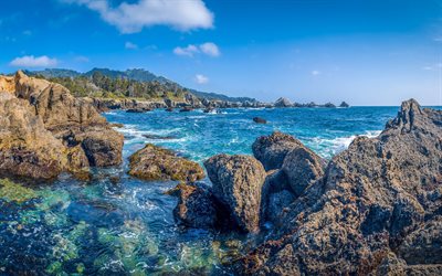 Pacific Ocean, coast, California, bay, stones in the water, ocean, waves, mountain landscape, USA