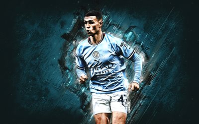 Phil Foden, Manchester City FC, English footballer, blue stone background, Premier League, England, football, grunge art, Philip Walter Foden