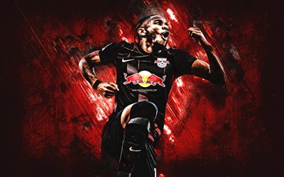 christopher nkunku, rb leipzig, fransk fotbollsspelare, bakgrund med röd sten, tyskland, bundesliga, fotboll, grungekonst