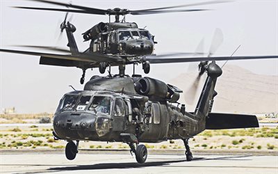 sikorsky uh-60 black hawk, 4k, l us air force, l armée américaine, hélicoptère de transport militaire, deux hélicoptères, sikorsky aircraft, voler des hélicoptères, uh-60 black hawk, sikorsky, avion, aviation militaire, avions de combat