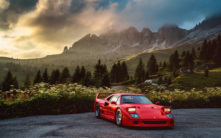 フェラーリ f40, 4k, 正面図, 赤スーパーカー, 後輪駆動のスーパーカー, 赤いフェラーリ f40, イタリアのスポーツカー, フェラーリ