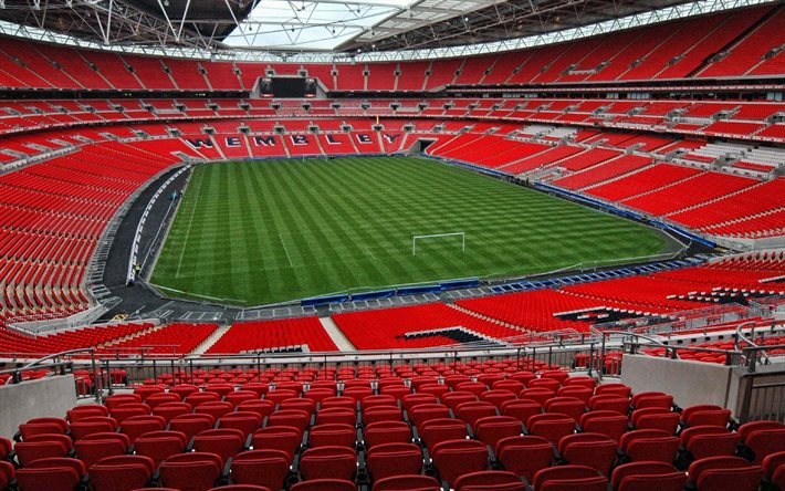 wembley stadium, inifrån, röda läktare, fotbollsplan, new wembley, london, engelsk fotbollsstadion, fotboll, england
