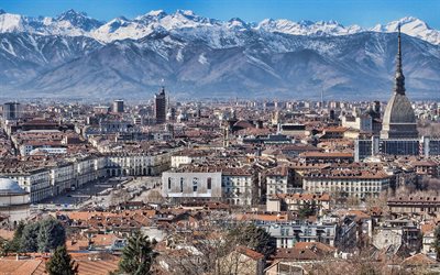 Turin, 4k, Mole Antonelliana tower, National Museum of Cinema, mountain landscape, Alps, Turin panorama, Turin cityscape, Italy