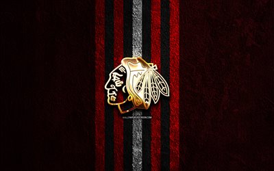 Chicago Blackhawks golden logo, 4k, red stone background, NHL, american hockey team, National Hockey League, Chicago Blackhawks logo, hockey, Chicago Blackhawks