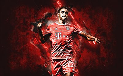 Jamal Musiala, FC Bayern Munich, English soccer player, attacking midfielder, red stone background, Bundesliga, football, Germany