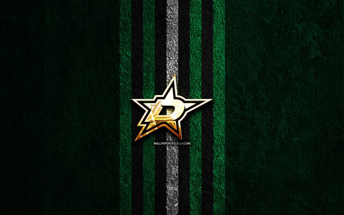 dallas stars gyllene logotyp, 4k, grön sten bakgrund, nhl, amerikansk hockeylag, national hockey league, dallas stars logotyp, hockey, dallas stars