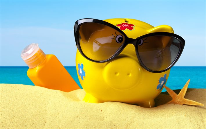 holiday deposit, 4k, yellow piggy bank, tourism deposit, summer travel, piggy bank, concept deposit, beach accessories