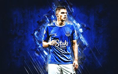 Vitaliy Mykolenko, Everton FC, Ukrainian footballer, blue stone background, football, England, Premier League