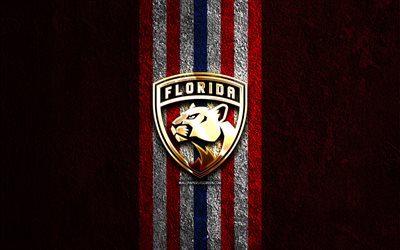 Florida Panthers golden logo, 4k, red stone background, NHL, american hockey team, National Hockey League, Florida Panthers logo, hockey, Florida Panthers