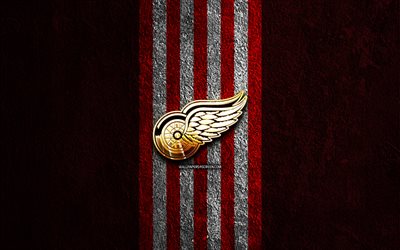 detroit red wings logo dorado, 4k, fondo de piedra roja, nhl, equipo de hockey estadounidense, liga nacional de hockey, detroit red wingslogo, hockey, detroit red wings