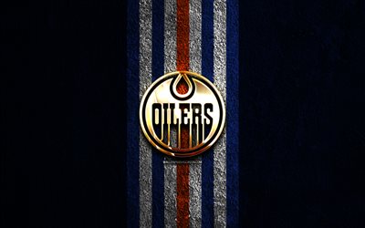 Edmonton Oilers golden logo, 4k, blue stone background, NHL, american hockey team, National Hockey League, Edmonton Oilers logo, hockey, Edmonton Oilers