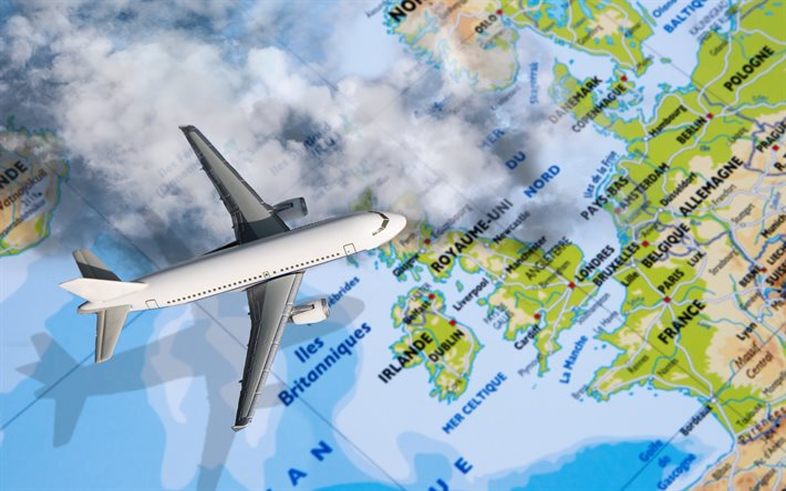 hava yolculuğu, 4k, avrupa haritası, avrupa üzerinde uçak, avrupa ya seyahat, turizm, uçaklar, italya ya seyahat, fransa ya seyahat