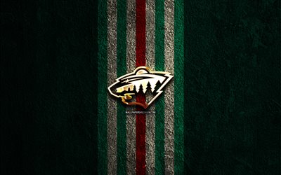 logo minnesota wild dorato, 4k, sfondo di pietra verde, nhl, squadra di hockey americana, national hockey league, logo minnesota wild, hockey, minnesota wild