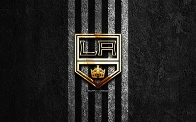 Los Angeles Kings golden logo, 4k, black stone background, NHL, american hockey team, National Hockey League, Los Angeles Kings logo, hockey, Los Angeles Kings, LA Kings
