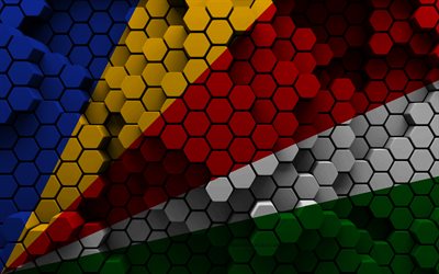 4k, drapeau des seychelles, 3d hexagone de fond, drapeau 3d des seychelles, jour des seychelles, 3d hexagone texture, symboles nationaux des seychelles, seychelles, 3d drapeau des seychelles, pays africains