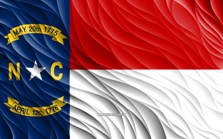 4k, ノースカロライナ州の旗, 波状の 3d フラグ, アメリカの州, ノースカロライナの日, 3d 波, アメリカ合衆国, ノースカロライナ州