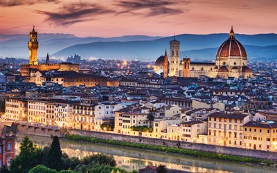 Florence Cathedral, evening, sunset, city lights, Florence, Cathedral of Saint Mary of the Flower, Florence cityscape, Italy