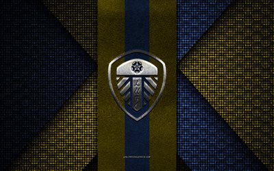 Leeds United FC, Premier League, blue yellow knitted texture, Leeds United FC logo, English football club, Leeds United FC emblem, football, Leeds, England