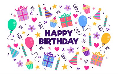 4k, Happy Birthday, white background, paint art, Happy Birthday greeting card, Happy Birthday background, Birthday art with balloons, Birthday congratulations