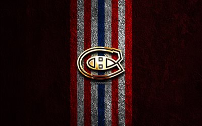 montreal canadiens logo dorato, 4k, sfondo di pietra rossa, nhl, squadra canadese di hockey, national hockey league, logo montreal canadiens, hockey, montreal canadiens