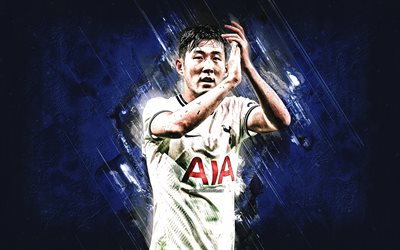 Son Heung-min, Tottenham Hotspur, South Korean soccer player, portrait, blue stone background, football, Premier League, England