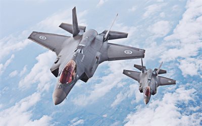 4k, Lockheed Martin F-35 Lightning II, two fighters, F-35B, US Air Force, combat aircraft, US army, aircraft, flying fighters, military aviation, F-35 Lightning II, Lockheed Martin