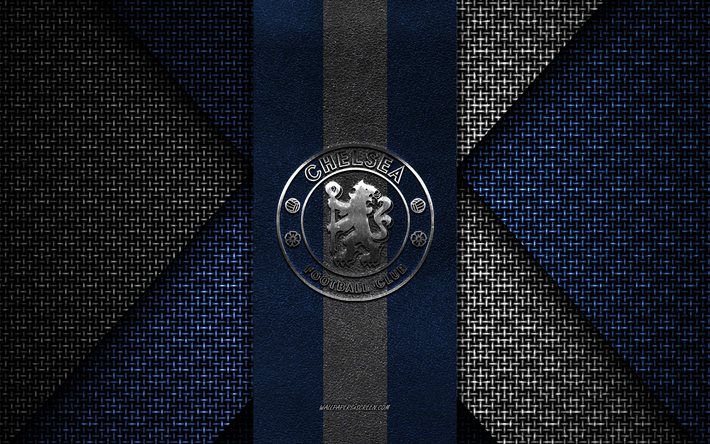 chelsea fc, premier league, texture bleu blanc tricoté, logo du chelsea fc, club de football anglais, emblème du chelsea fc, football, londres, angleterre