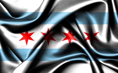 bandera de chicago, 4k, ciudades americanas, banderas de tela, día de chicago, banderas de seda onduladas, estados unidos, ciudades de américa, ciudades de illinois, ciudades de ee uu, chicago illinois, chicago
