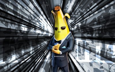 4k, mister banane fortnite, harmaat säteet tausta, mister banane skin, abstrakti taide, fortnite mister banane skin, fortnite-hahmot, mister banane, fortnite, luova taide