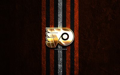 philadelphia flyers kultainen logo, 4k, oranssi kivi tausta, nhl, amerikkalainen jääkiekkojoukkue, national hockey league, philadelphia flyers logo, jääkiekko, philadelphia flyers