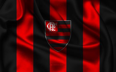 4k, CR Flamengo logo, black red silk fabric, Brazilian football team, CR Flamengo emblem, Brazilian Serie A, CR Flamengo, Brazil, football, CR Flamengo flag, soccer, Flamengo FC, Flamengo RJ