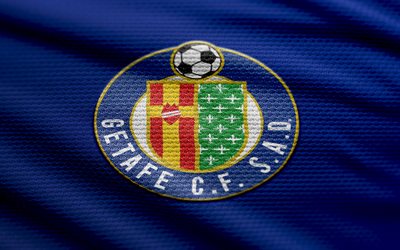 Getafe CF fabric logo, 4k, blue fabric background, LaLiga, bokeh, soccer, Getafe CF logo, football, Getafe CF emblem, Getafe CF, spanish football club, Getafe FC