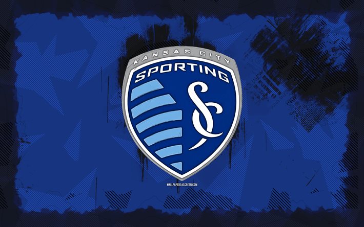 Sporting Kansas City grunge logo, 4k, MLS, blue grunge background, soccer, Sporting Kansas City emblem, football, Sporting Kansas City logo, american soccer club, Sporting Kansas City FC