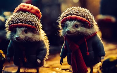 erizos, arte 3d, otoño, hedgehogs en un abrigo, conceptos de otoño, animales bonitos, hedgehogs 3d, animales 3d