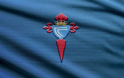 RC Celta fabric logo, 4k, blue fabric background, LaLiga, bokeh, soccer, RC Celta logo, football, RC Celta emblem, RC Celta, Celta Vigo, spanish football club, Celta Vigo FC