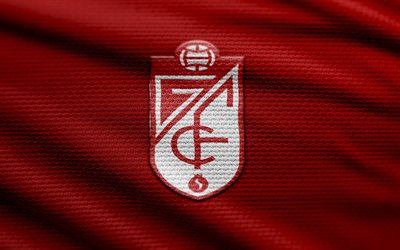 Granada CF fabric logo, 4k, red fabric background, LaLiga, bokeh, soccer, Granada CF logo, football, Granada CF emblem, Granada CF, spanish football club, Granada FC