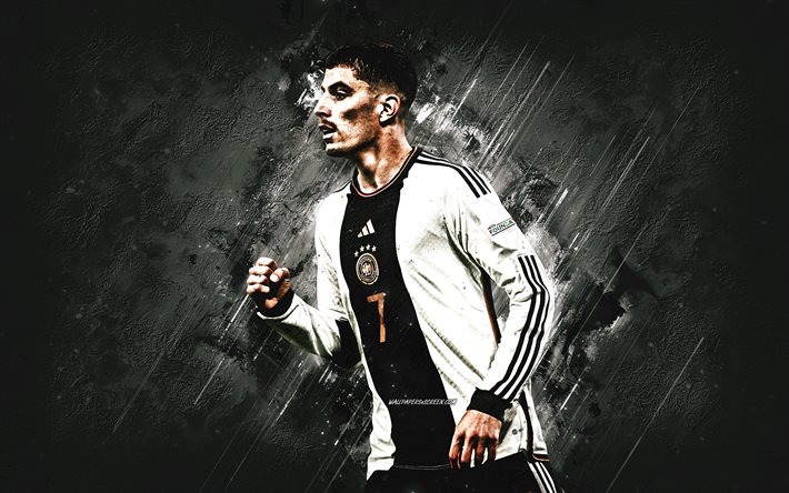 kai havertz, squadra di calcio nazionale tedesca, sfondo di pietra bianca, grunge art, calciatore tedesco, germania, calcio