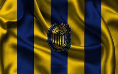 4k, Rosario Central logo, blue yellow silk fabric, Argentine football team, Rosario Central emblem, Argentina Primera Division, Rosario Central, Argentina, football, Rosario Central flag, soccer, Rosario Central FC