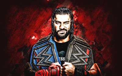 Roman Reigns, WWE, portrait, american wrestler, red stone background, grunge art, Leati Joseph Anoai, World Wrestling Entertainment