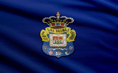 UD Las Palmas fabric logo, 4k, blue fabric background, LaLiga, bokeh, soccer, UD Las Palmas logo, football, UD Las Palmas emblem, UD Las Palmas, spanish football club, Las Palmas FC