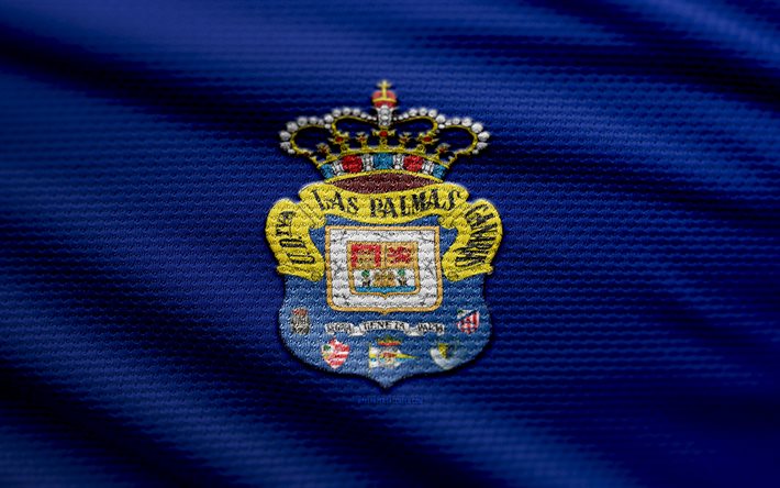 شعار نسيج ud las palmas, 4k, خلفية النسيج الأزرق, لاليجا, خوخه, كرة القدم, شعار ud las palmas, ud لاس بالماس, نادي كرة القدم الأسباني, لاس بالماس