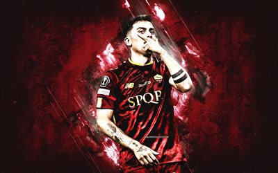 Paulo Dybala, AS Roma, Argentine footballer, grunge art, red stone background, Serie A, Argentina, Italy, football, Paulo Bruno Dybala