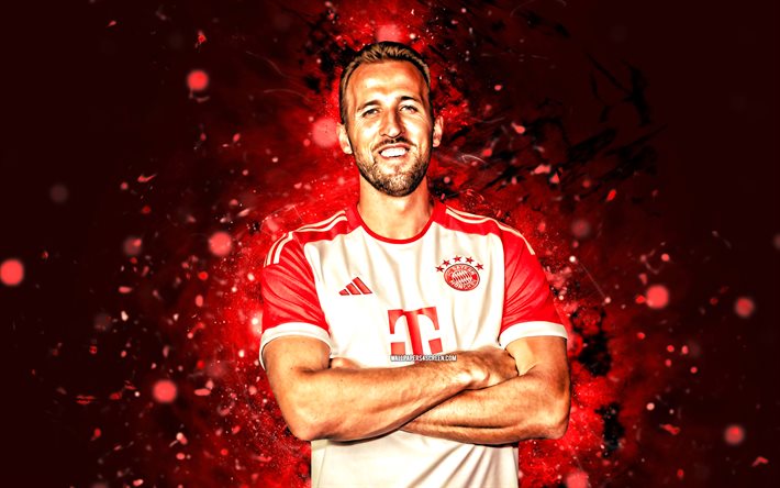 Harry Kane, 4k, red neon lights, Bayern Munich FC, Bundesliga, english footballers, Harry Kane 4k, soccer, red abstract background, Harry Kane Bayern Munich