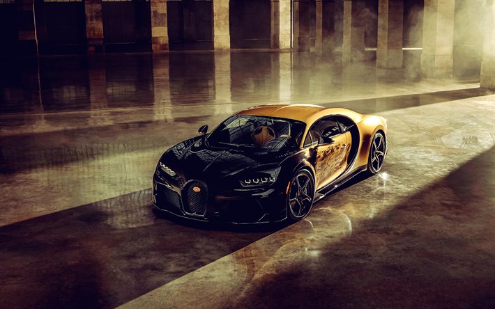 4k, bugatti chiron super sport golden era, 2023, vista frontal, exterior, hipercar único, dorado negro bugatti quirón, ajuste de quiró, autos exclusivos, superdeportivos, bugatti