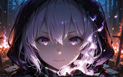 4k, أعد الفئة, ليلة, نيران النار, مجموعة kantai, عيون أرجوانية, شخصيات مجموعة kantai, المانجا, أعد مجموعة kantai