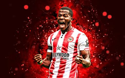 dango ouattara, 4k, rote neonlichter, brentford fc, premier league, burkinische fußballer, dango ouattara 4k, fußball, brentford, dango ouattara brentford