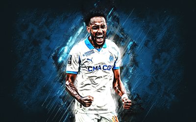 Pierre-Emerick Aubameyang, Olympique de Marseille, Gabonese footballer, blue stone background, Marseille, grunge art, Ligue 1, France, football, Pierre-Emerick Aubameyang Olympique Marseille