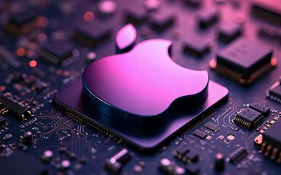logo di mela 3d scuro viola, 4k, scheda madre viola scuro, segno 3d apple, logo apple, emblema di mela, sfondo tecnologico viola scuro, mela, logo apple 3d