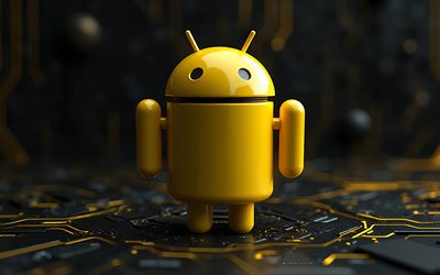 logotipo amarelo 3d android, 4k, placa  mãe amarela, logotipo android, emblema do android, antecedentes da tecnologia amarela, android, logotipo 3d android, robô 3d android